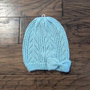 New kids knit hat toque with bow aqua size 4-5T